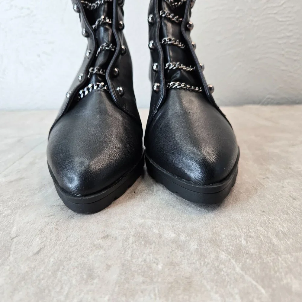 Block Heel Ankle Boots Sz 6.5 Black Leather Chain Pointed Toe Goth Grunge Bootie